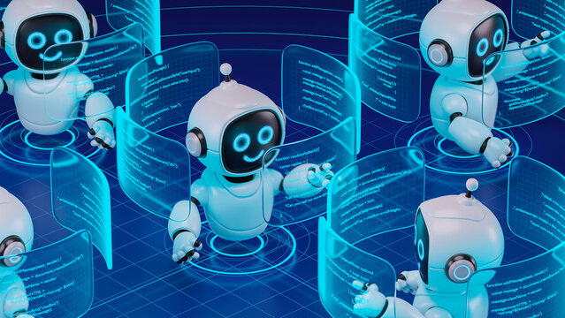 AI agent robot workflow automation orchestrator artificial intelligence data coding icon flow process assistant technology futuristic 3d rendering.