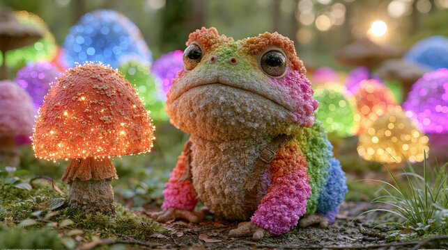 A whimsical amphibian sits amongst glowing fungi in a magical forest setting.