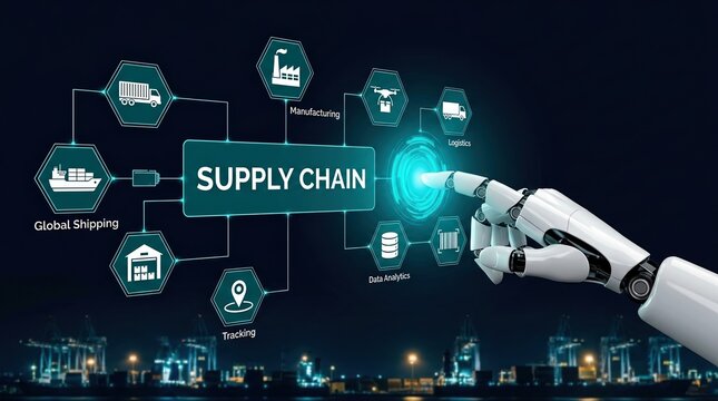 Supply chain, logistics automation, global shipping concept with robot hand touching digital distribution network.