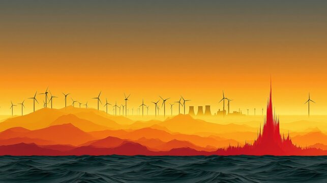 A vast industrial landscape with wind turbines and cooling towers under a vibrant sunset.