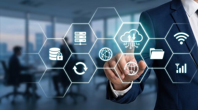 Cloud computing, internet of things, digital network concept with business professional touching virtual technology icons.