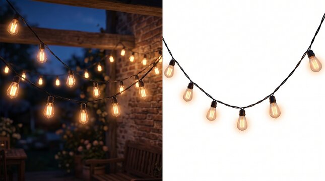 String lights overlay and cutout, glowing Edison bulbs for festive outdoor party decor.