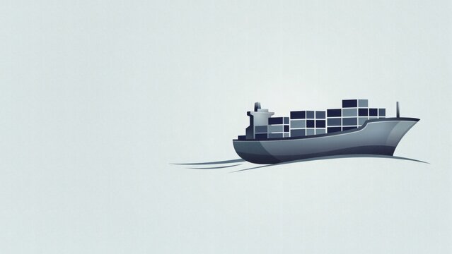 Minimalist vector illustration featuring large cargo ship sailing across calm light blue textured background surface with texture simple graphical