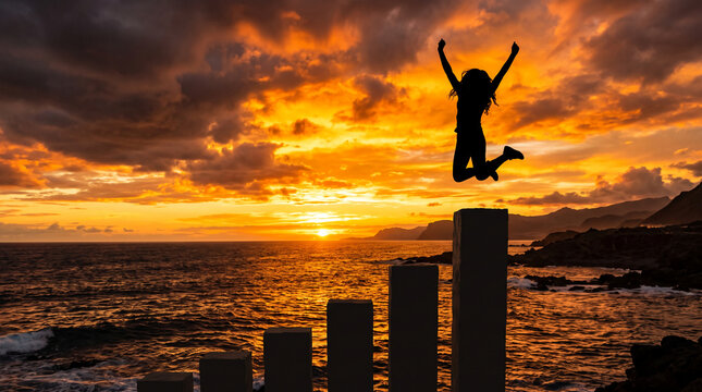 Silhouette of a person jumping for joy atop a bar graph against a fiery sunset over the ocean, symbolizing success and achievement