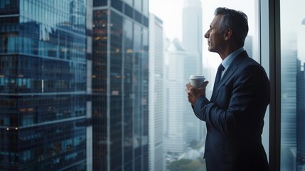 Fototapeta premium Professional man in a tailored suit gazes out through a floor-to-ceiling office window at the dense glass-clad skyscrapers of a modern financial district while holding a disposable coffee container.