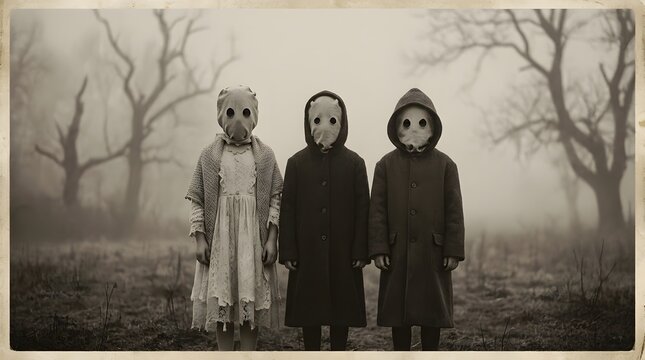 A chilling vintage photograph depicts three masked children in a spooky atmospheric and unsettling halloween scene