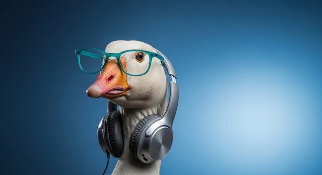 A white goose wearing turquoise glasses and silver headphones, looking slightly surprised, symbolizing intelligence, modernity, and a sense of humor
