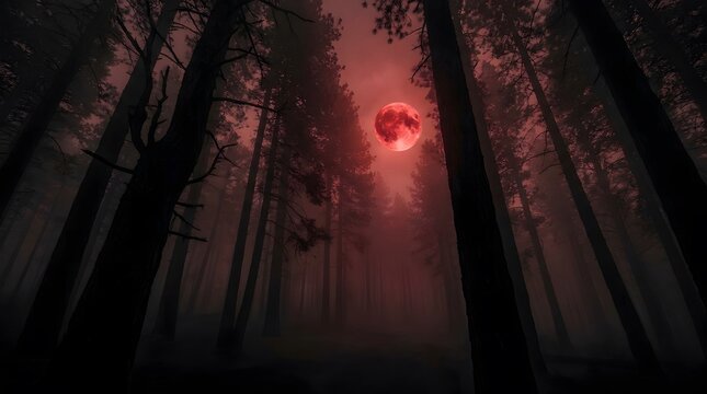 A spooky dimly lit halloween scene featuring a glowing jack o' lantern amidst dark shadowy trees