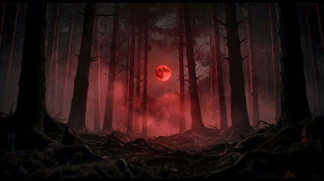 A hauntingly beautiful digitally rendered forest scene with a glowing ominous red eye peering from the darkness