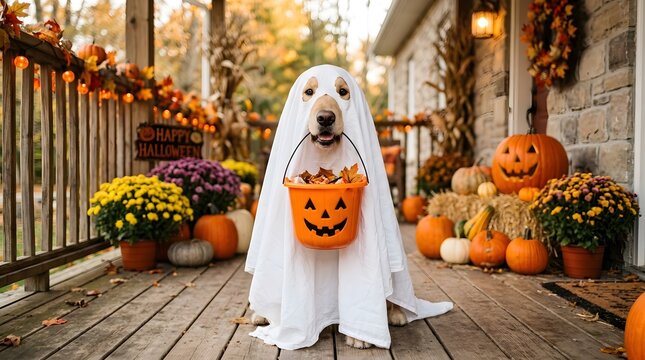 A charming fluffy white dog dressed as a ghost enjoys a festive halloween season with pumpkins and fall foliage