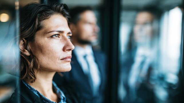 Woman looks thoughtfully through a window with colleagues reflected in the glass.