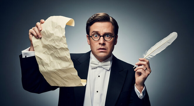 Man in tuxedo holding crumpled paper and feather pen, looking surprised, representing confusion, creativity, or writer's block