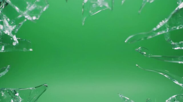 Glass shattering effect with sharp fragments impacting and breaking on green screen background with cinematic motion