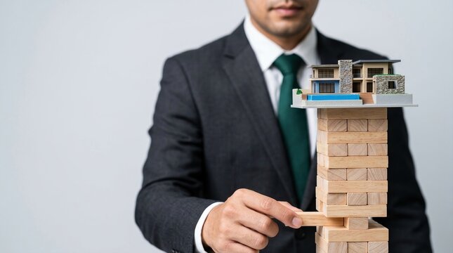 Real estate risk, property investment, housing market concept with businessman holding house model over unstable wooden blocks.
