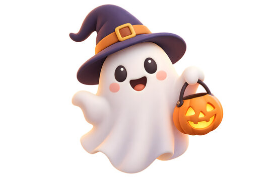 3D Cute Ghost Holding Candy Bucket Illustration on Transparent Background