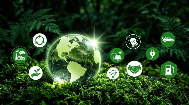 Sustainable technology, green business, environmental innovation concept with globe and eco icons in forest.