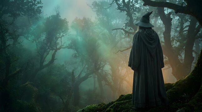 A mysterious figure stands in a misty atmospheric forest evoking a sense of enchantment and the supernatural