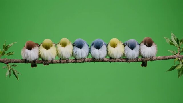 Flock of diverse small birds perched in sequence on a branch against a green screen background