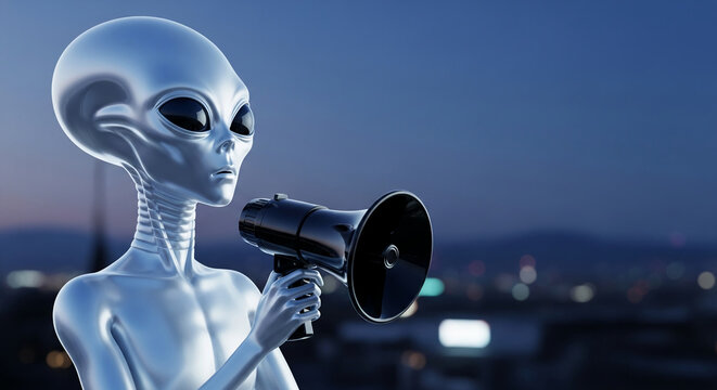 Silver alien with a megaphone against a blurry cityscape at dusk, symbolizing communication from beyond or an announcement of extraterrestrial arrival.