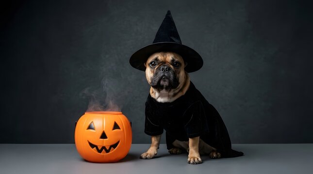 A charming bulldog dressed as a witch poses beside a glowing jack o' lantern for halloween festivities