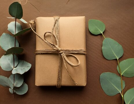 rustic handmade paper journal tied with string beside green eucalyptus leaves on textured brown background