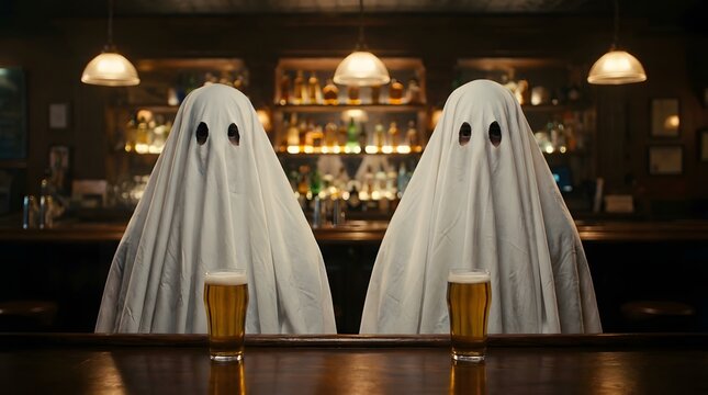 Two ghostly figures enjoy a quiet evening at the bar raising a glass for halloween festivities