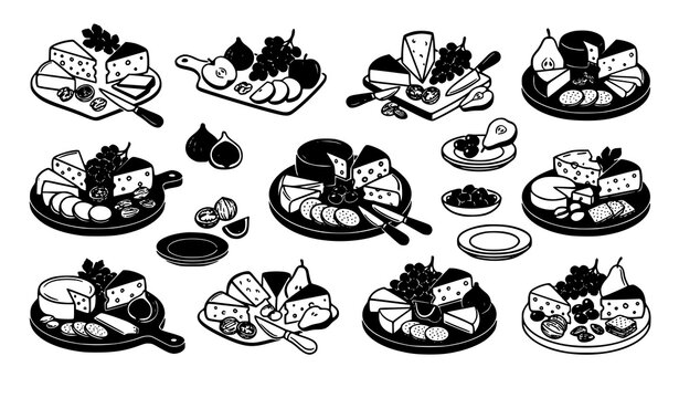 Cheese Platter with Fruits and Nuts Black Silhouette Outline Vector Collection