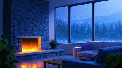 Obraz premium Cozy room with stone fireplace, couch, large window; snow outside under a serene night sky