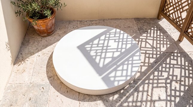 round mockup blank floor platform sign patio branding template shadow places a circular surface on stone flooring with lattice shadows for product display logo concepts and outdoor presentations