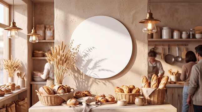 round mockup blank wall sign bakery branding advertising interior bread mounts a circular panel behind artisan pastries for bakery logos menu specials packaging identity and local promotion