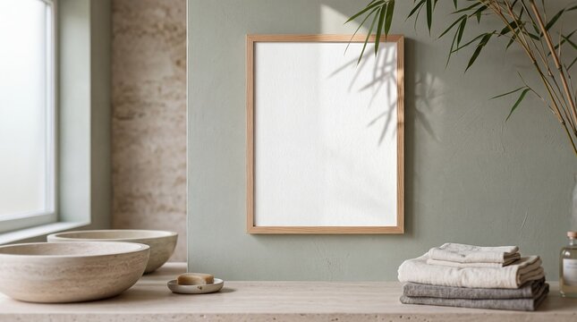 poster mockup blank frame vertical spa interior branding template minimal hangs a portrait layout above folded towels for wellness offers beauty identity hotel promotions and calming artwork
