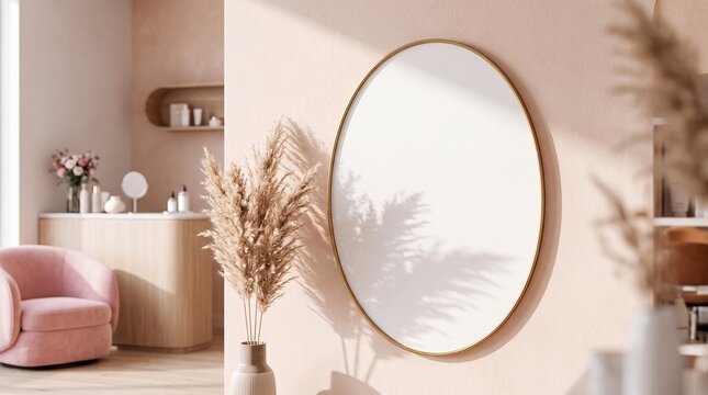 round mockup blank wall sign salon branding template pink interior places a circular panel in a soft reception space for beauty logos service menus wellness promotions and feminine identity