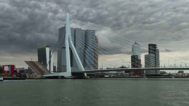 Static View of Erasmus Bridge and Rotterdam City Skyline