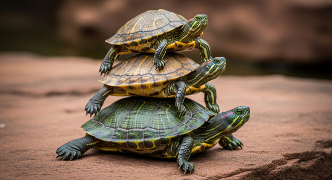 Three turtles stacked on textured rock, symbolizing unity, patience, and slow progress, representing resilience and a steady journey, perfect for concepts of perseverance or natural harmony