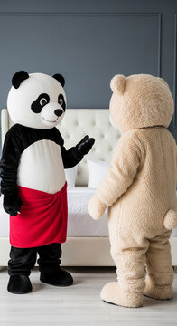 Two costumed characters, a panda and a bear, stand in a room with a bed, showcasing playful and friendly interaction, symbolizing friendship and fun