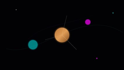 Minimalist solar system model with glowing planets and orbital lines on dark background © edi