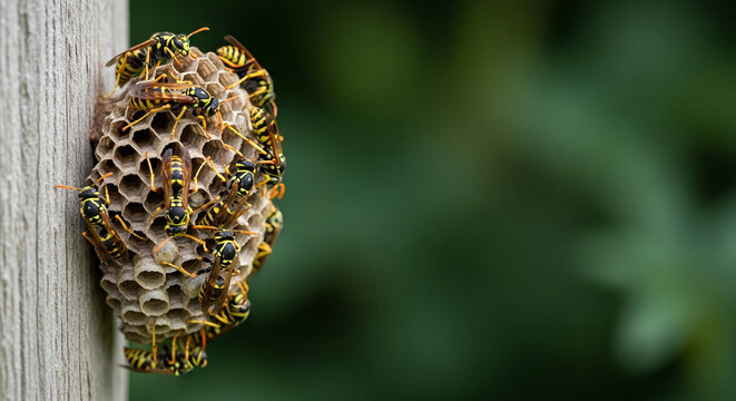 Group of yellow and black wasps on a paper nest attached to a wooden post, representing nature, insects, and colony life