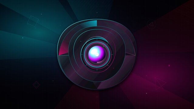 Abstract futuristic digital eye lens glowing with neon blue and purple light