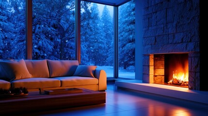 Fototapeta premium Cozy modern living room with a fireplace, large windows revealing a snowy forest view at dusk