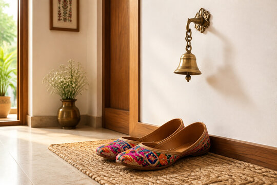 Colorful embroidered jutti shoes on jute mat with brass bell, entryway decor concept