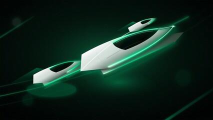 Futuristic white spaceship with glowing green neon lines flying in dark space © edi