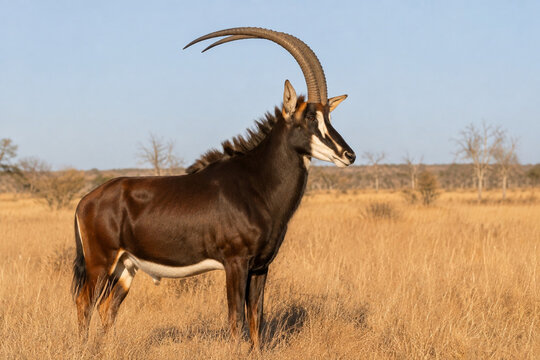 Sable antelope standing in dry savanna grass, wildlife nature concept
