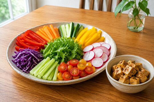 Dining table with platter of sliced raw vegetables and marinated tofu cubes, plant-based eating and clean healthy meal concept