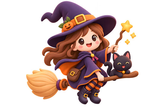 3D Cute Witch on Broom Illustration on Transparent Background