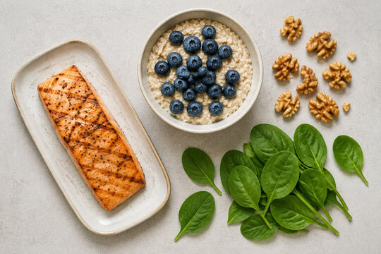 Salmon fillet, oatmeal with blueberries, walnuts and spinach on neutral background, clean eating concept.