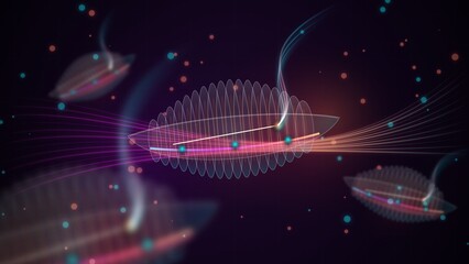 Abstract science fiction glowing spaceship flying through deep dark space © edi