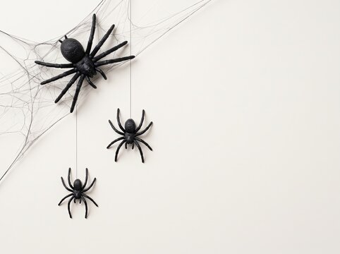 Three black plastic spiders crawling on white artificial cobwebs for a spooky halloween celebration party background decoration