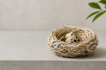 Obraz premium Minimalist nest made from recycled paper fiber holding quail egg, sustainable and fragile nature concept.