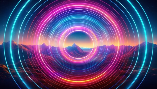 colorful neon light circle vortex over the mountains sci fi digital futuristic landscape background