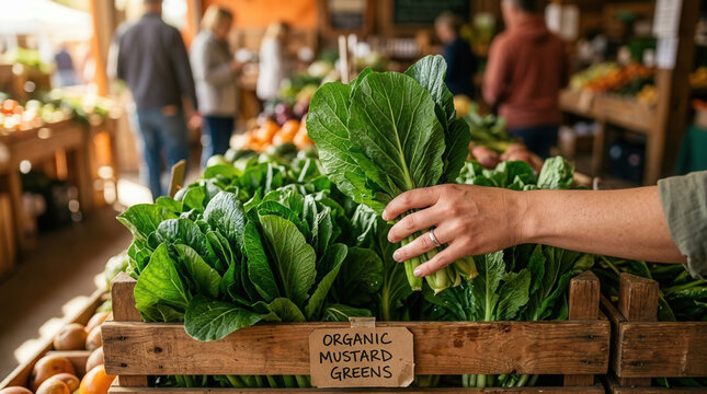 Choosing Fresh Organic Mustard Greens At A Bustling Farmers Market